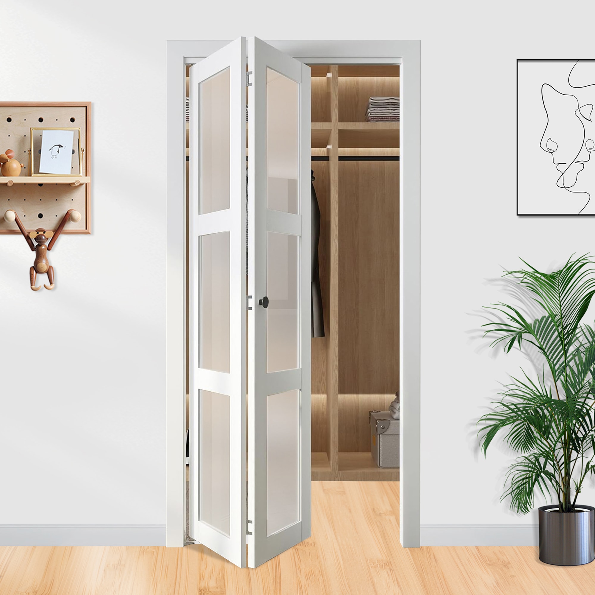 30"x 80" 3-Lite Frosted Glass Bi-Fold Barn Door Solid Manufactured Wood With Installation Hardware Kit_voghion.com